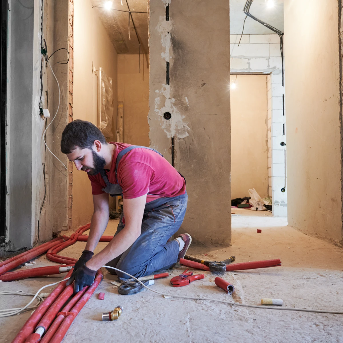 Monter układa czerwone rury ogrzewania podłogowego wodnego na przygotowanym podłożu w remontowanym wnętrzu