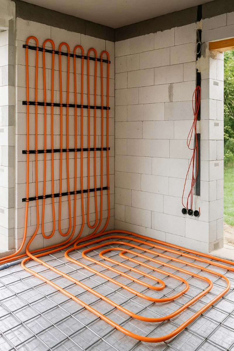 Instalacja ogrzewania podłogowego wodnego z widocznymi pomarańczowymi rurami na podłodze i ścianie