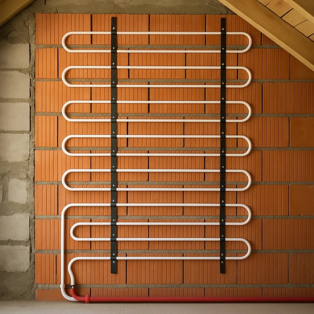 Instalacja ogrzewania ściennego na surowej ścianie z czerwonych cegieł z białymi rurami ułożonymi w pętlach