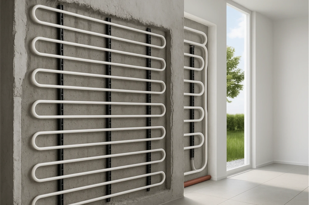 Białe rury ogrzewania podłogowego wodnego osadzone w betonowym podłożu przy dużym oknie