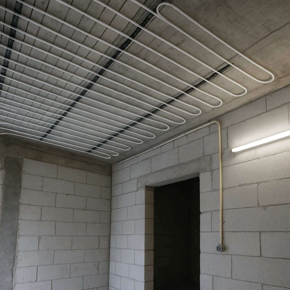 Instalacja ogrzewania sufitowego z białymi rurami mocowanymi do stropu