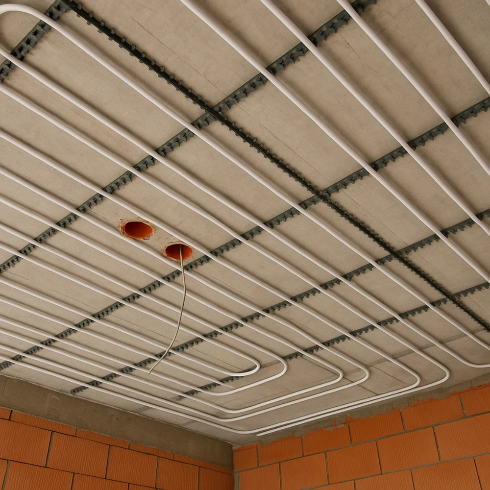 Instalacja ogrzewania sufitowego z białych rur zamocowanych na stropie w surowym stanie budowy